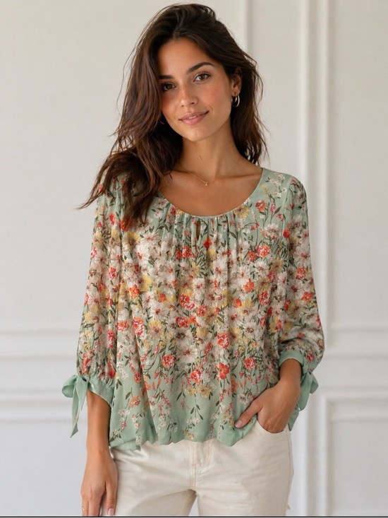 Roz & Ali Tops - Roz and Ali 1X Floral 3/4 bow green-pink tulip plus size elastic waist top boho